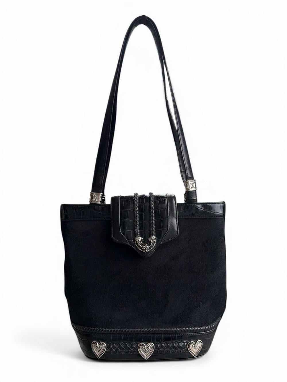 Vintage Black Leather Tote Bag Shoulder Purse Silver Heart Studs Western Boho